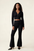 Black Ribbed Cropped Hoodie and Flared Pants Lounge Set - Cardigan and pants - Photo 6