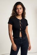 Black Ribbed Cut-out Short Sleeve Top with Front Tie Detail - Short sleeve tops - Photo 4