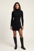 Black Ribbed High Waist Mini Skirt with Front Slit - Short skirts - Photo 2