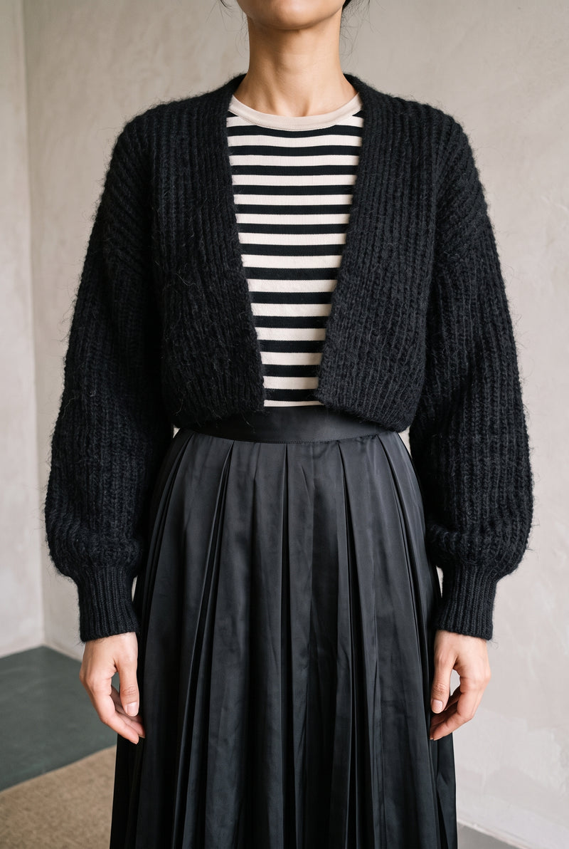 Ribbed Knit Shrug in Black — studio front