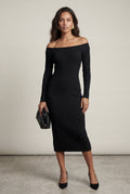 Black Ribbed Off-shoulder Bodycon Maxi Dress with Long Sleeves - Photo 2