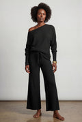 Black Ribbed Off-shoulder Lounge Set with Wide-leg Pants - Photo 1