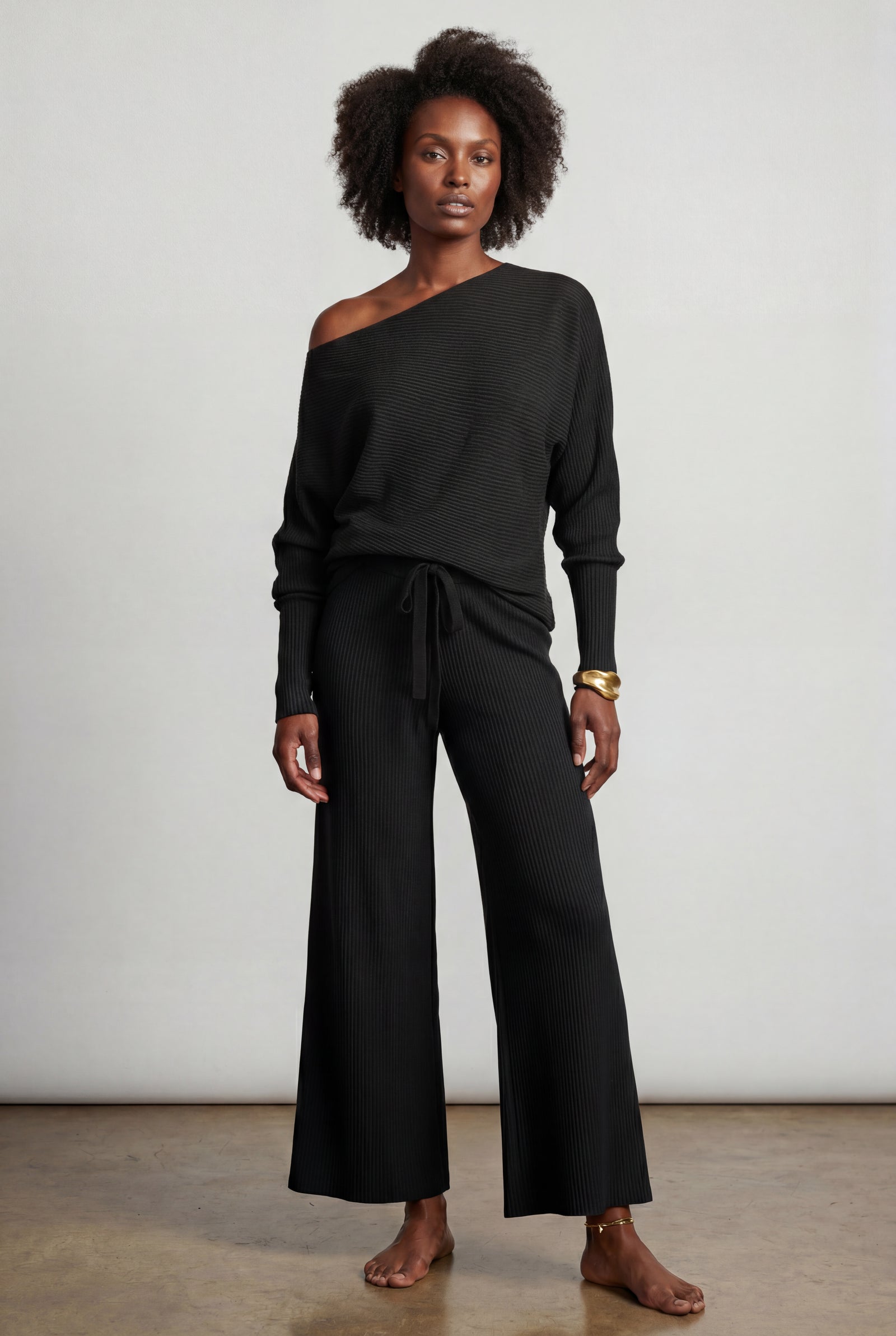 Black Ribbed Off-shoulder Lounge Set with Wide-leg Pants - Photo 1