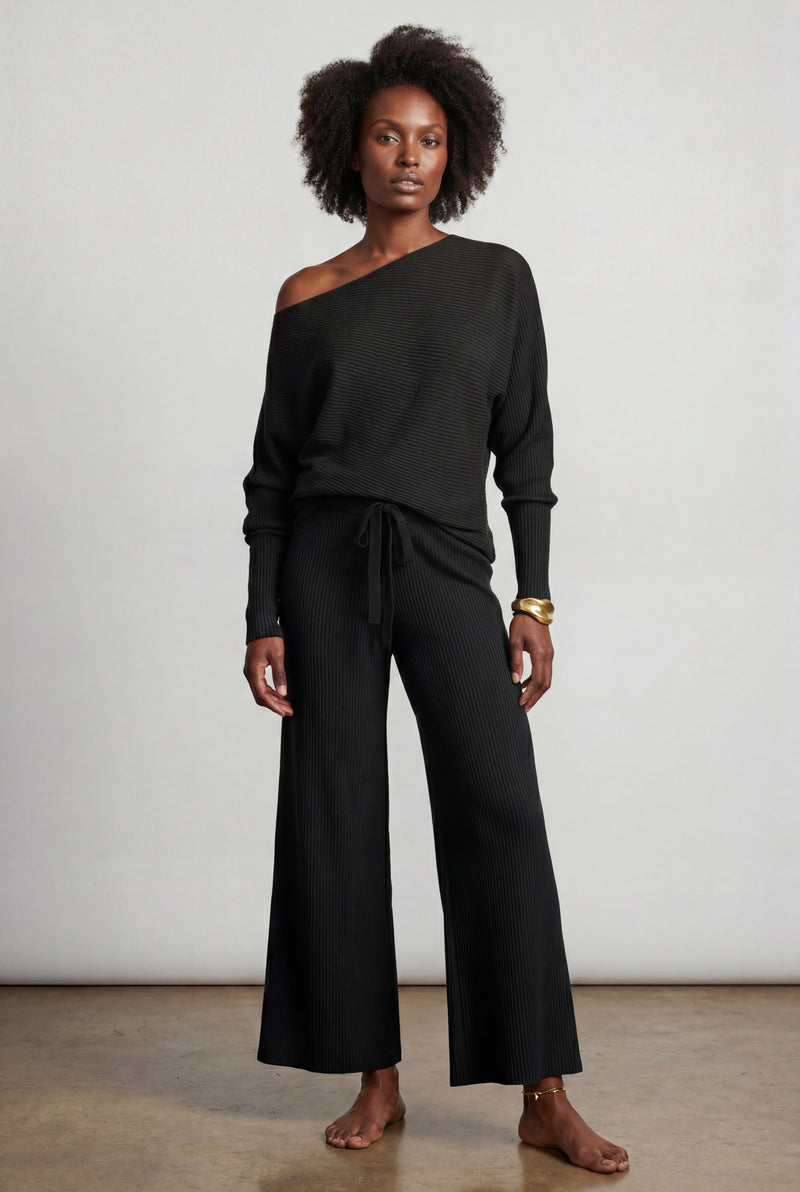 Black Ribbed Off-shoulder Lounge Set with Wide-leg Pants - Photo 1