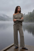 Gray Ribbed Off-shoulder Lounge Set with Wide-leg Pants - Photo 10