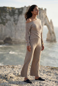 Khaki Ribbed Off-shoulder Lounge Set with Wide-leg Pants - Photo 11
