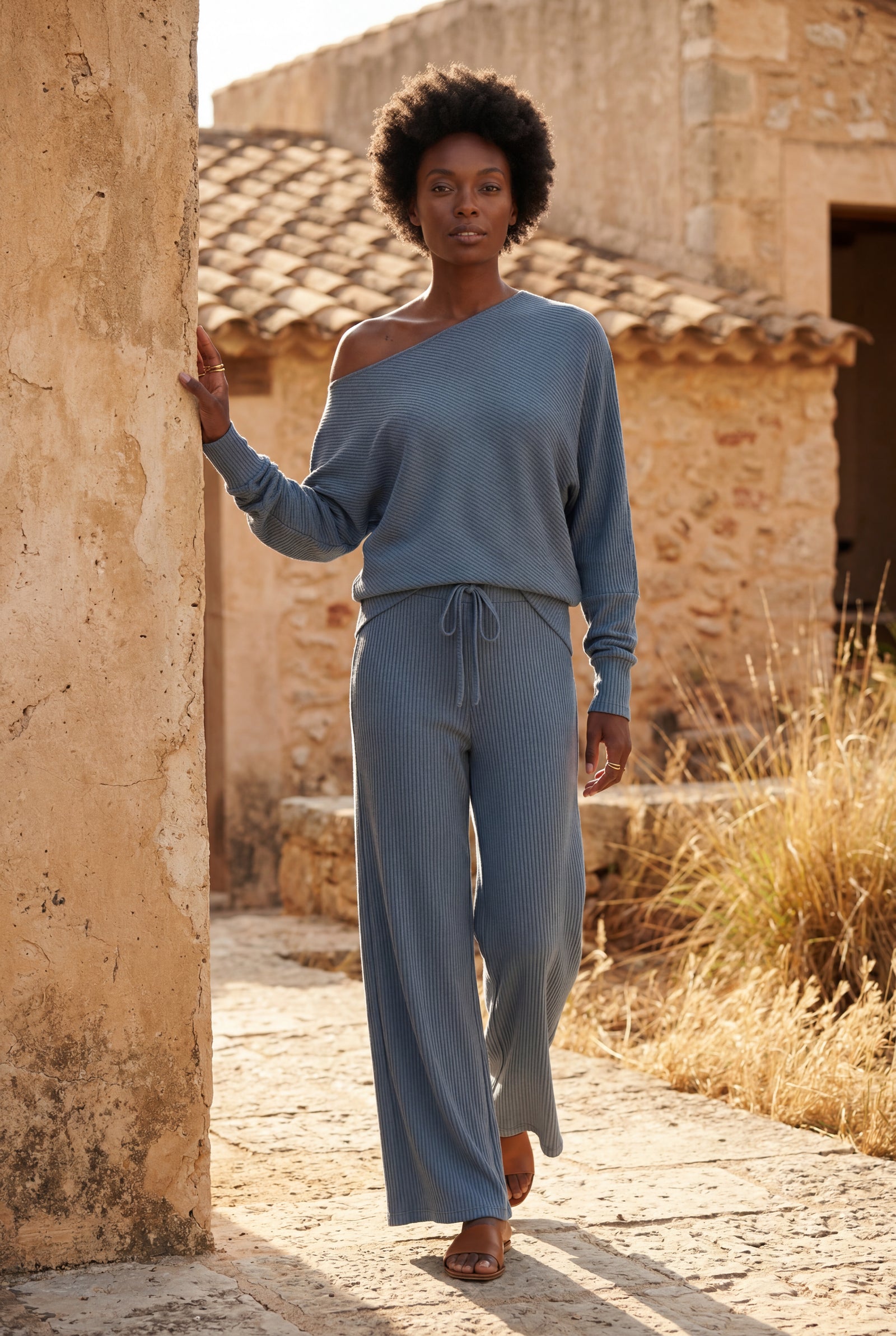 Blue Ribbed Off-shoulder Lounge Set with Wide-leg Pants - Photo 12