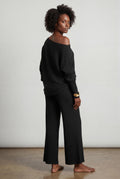 Black Ribbed Off-shoulder Lounge Set with Wide-leg Pants - Photo 2