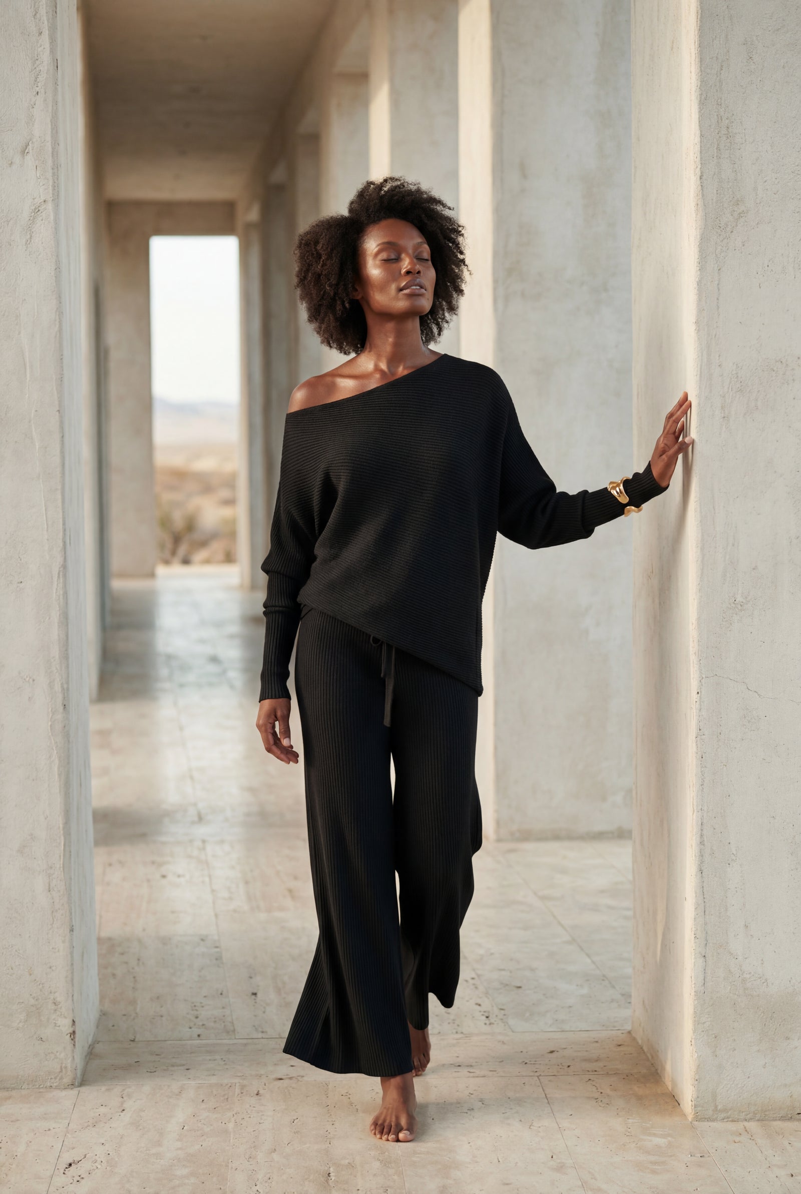 Black Ribbed Off-shoulder Lounge Set with Wide-leg Pants - Photo 6