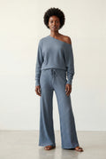 Blue Ribbed Off-shoulder Lounge Set with Wide-leg Pants - Photo 8