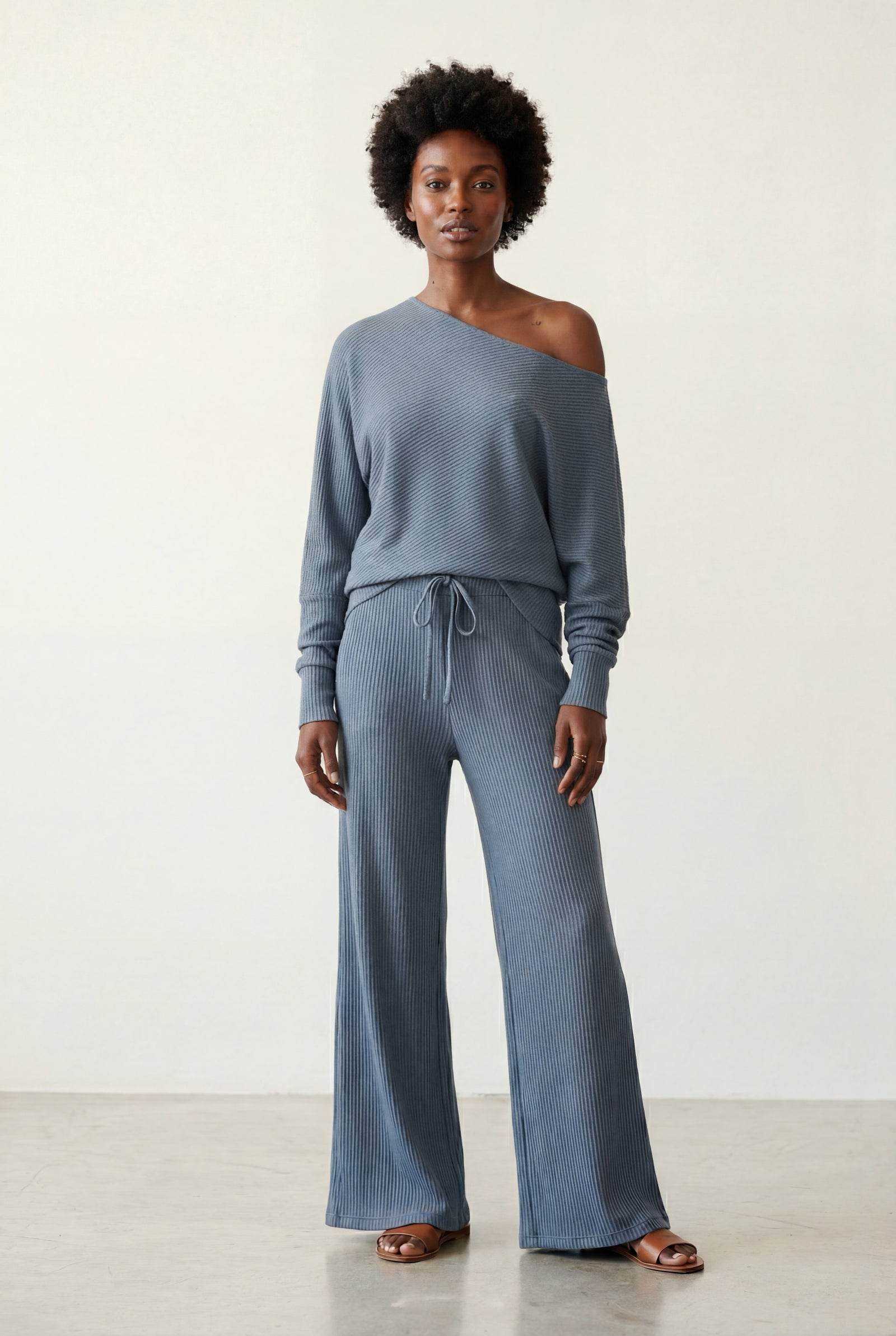 Blue Ribbed Off-shoulder Lounge Set with Wide-leg Pants - Photo 8