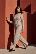 Khaki Ribbed Off-shoulder Lounge Set with Wide-leg Pants - Photo 9