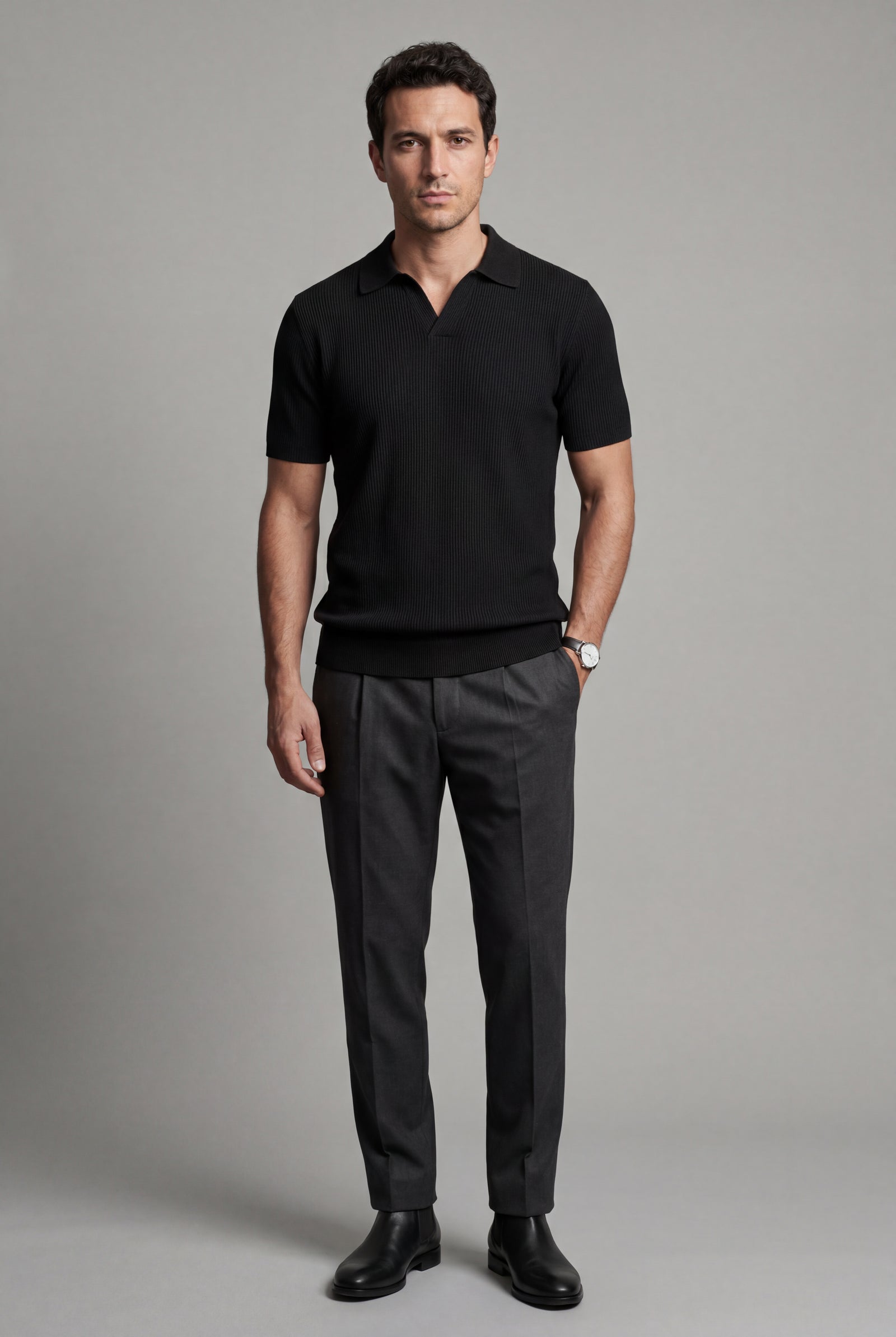 Black Ribbed Open Collar Tailored Polo Shirt - Polo shirts - Photo 6