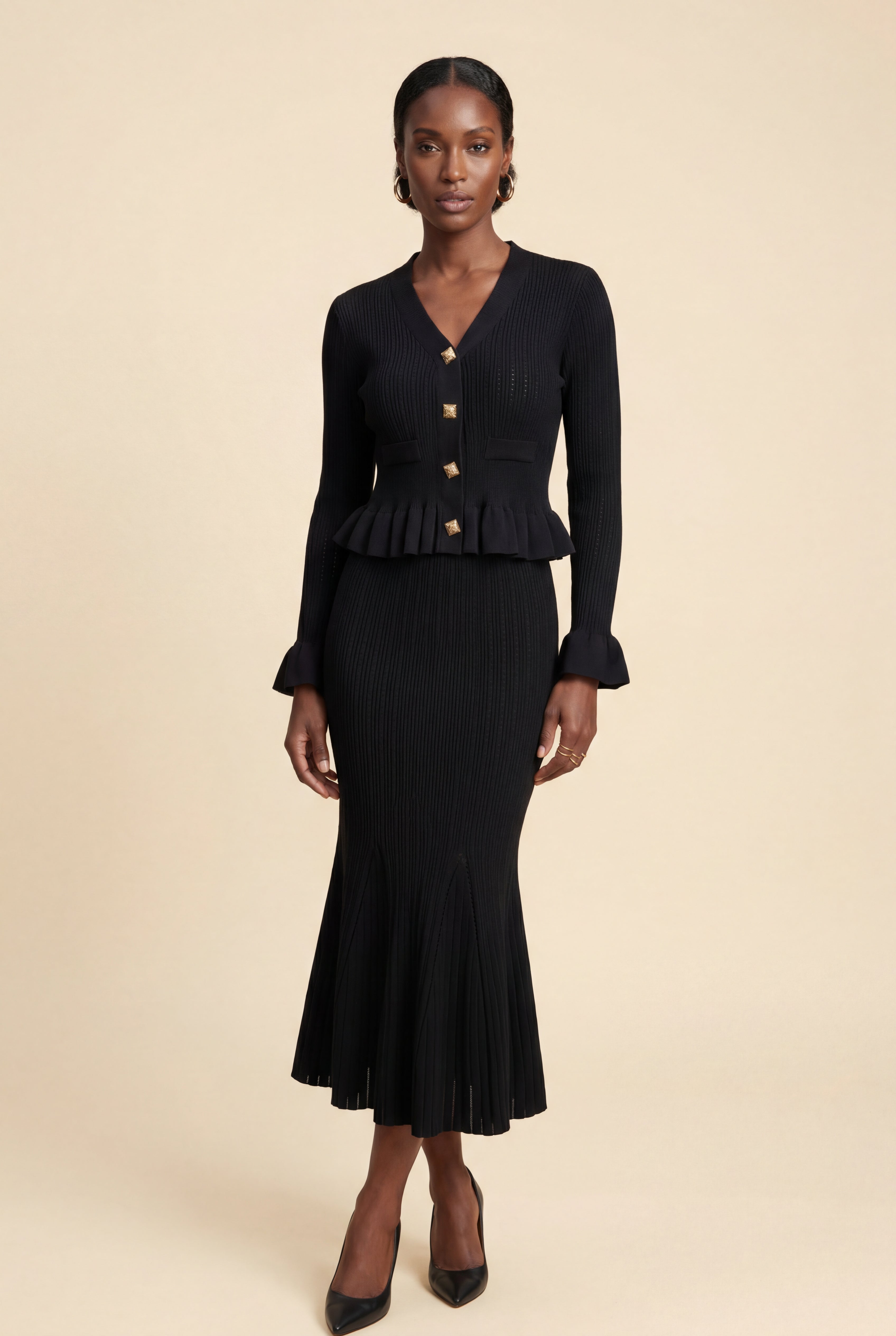 Smart Casual Attires with Ribbed Peplum Cardigan and Fluted Midi