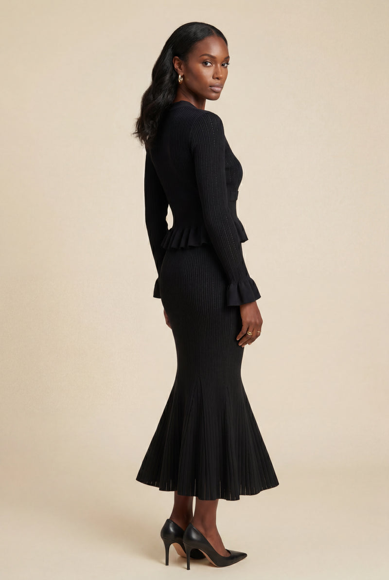 Black Ribbed Peplum Cardigan and Fluted Midi Skirt Set - Knit set - Photo 3