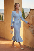 Blue Ribbed Peplum Cardigan and Fluted Midi Skirt Set - Knit set - Photo 5