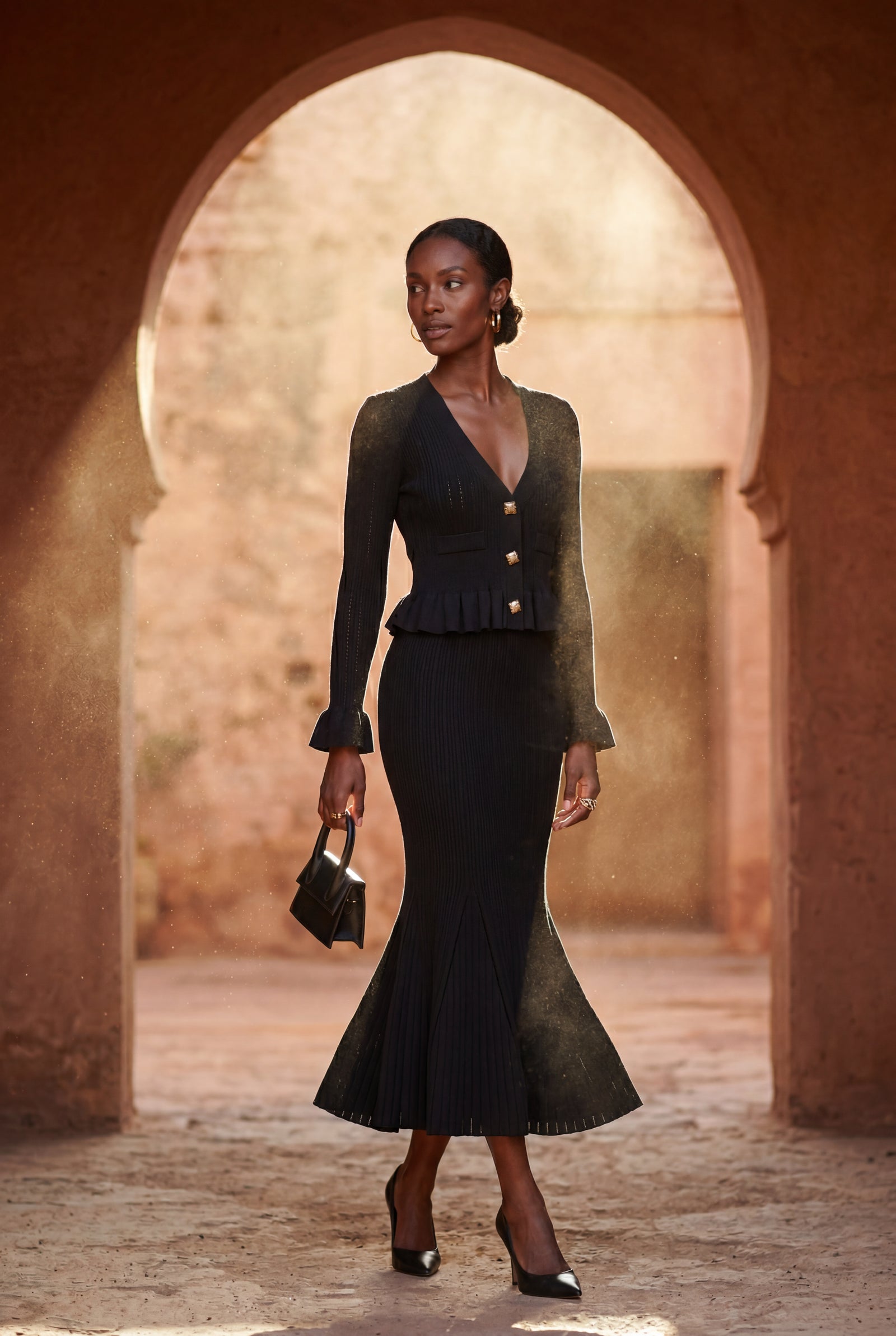 Black Ribbed Peplum Cardigan and Fluted Midi Skirt Set - Knit set - Photo 6