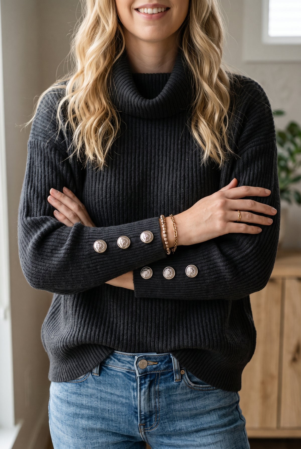 Ribbed Roll-Neck Sweater in Black — studio front