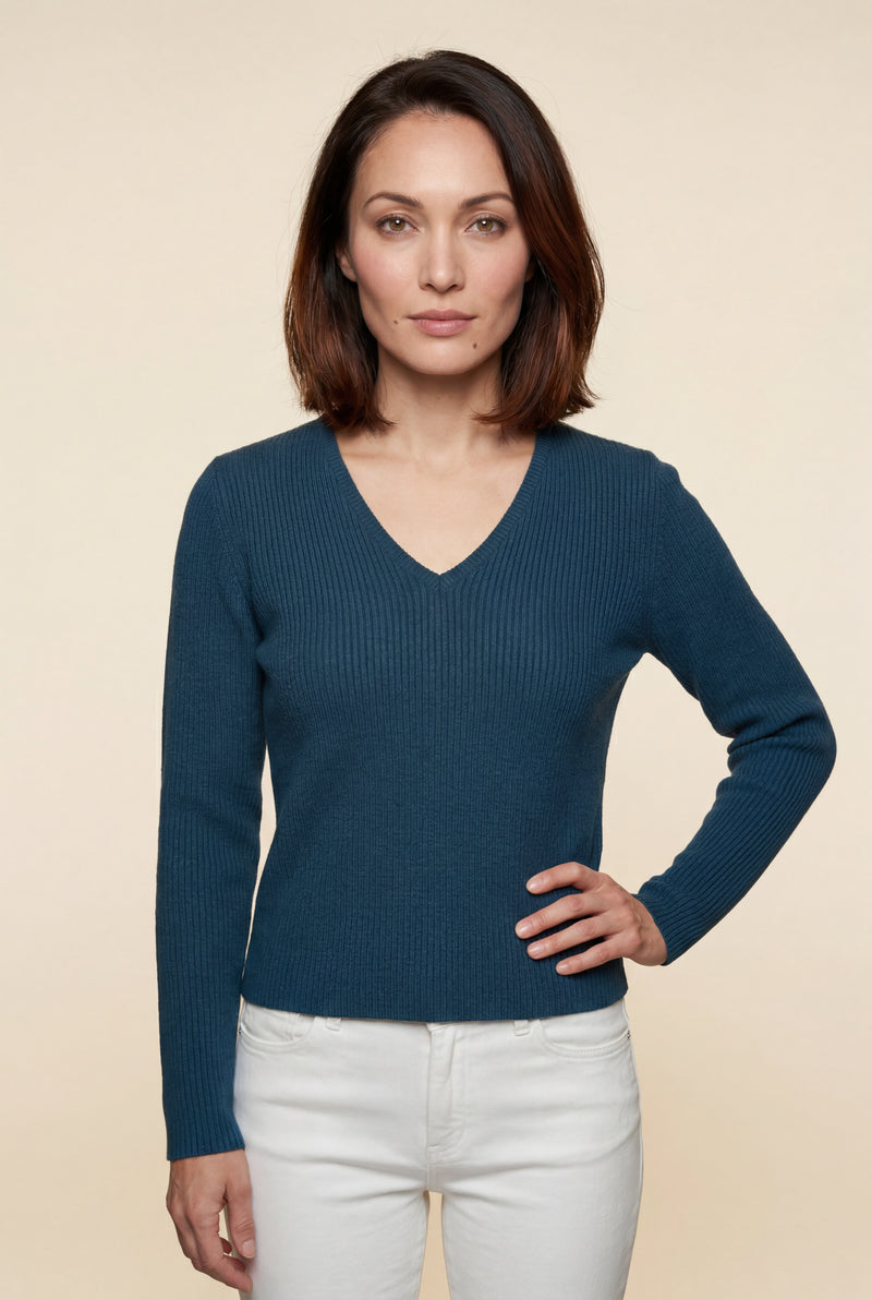 Navy Blue Ribbed V-neck Long Sleeve Pullover Sweater - V-neck sweater - Photo 1