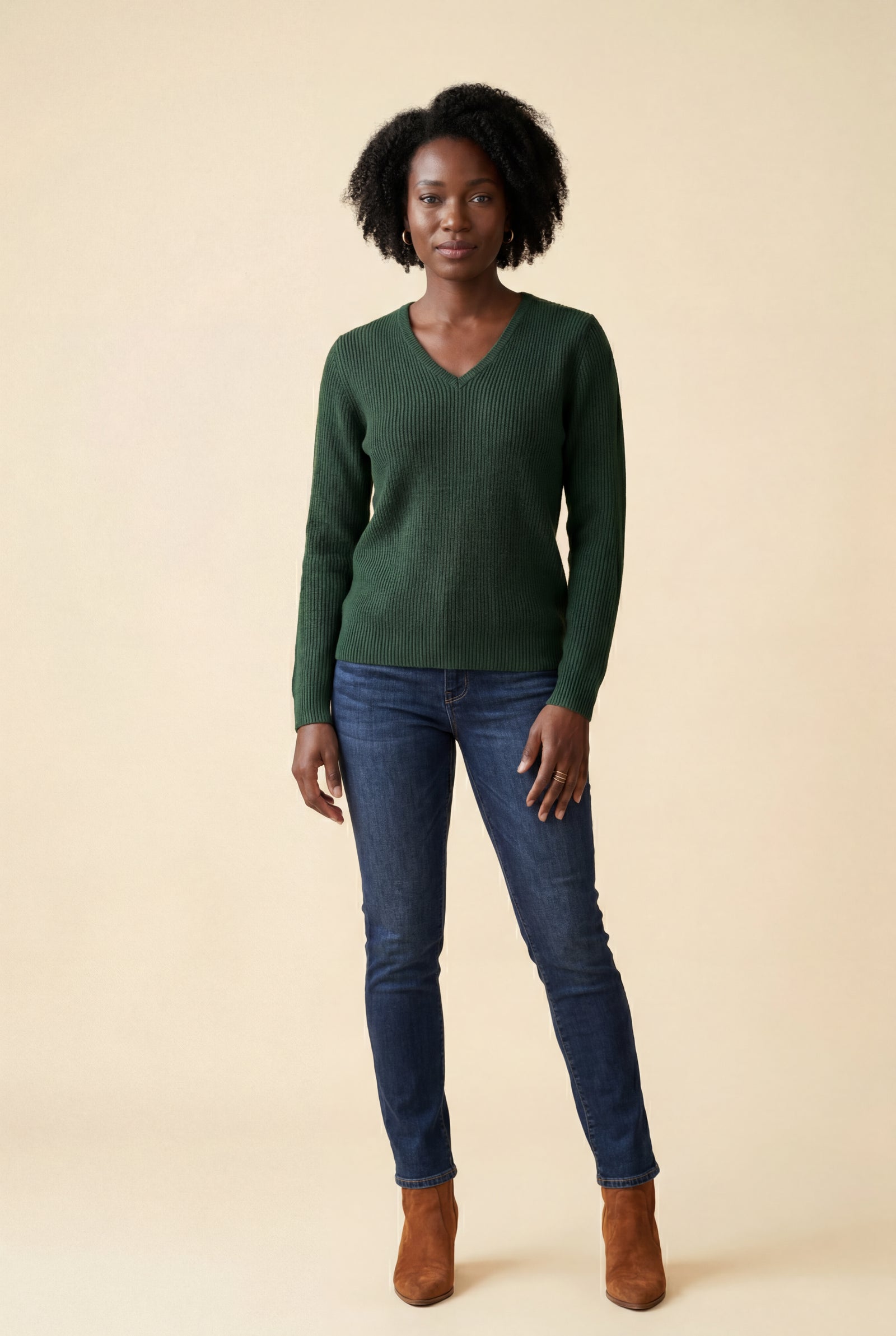 Dark Green Ribbed V-neck Long Sleeve Pullover Sweater - V-neck sweater - Photo 10