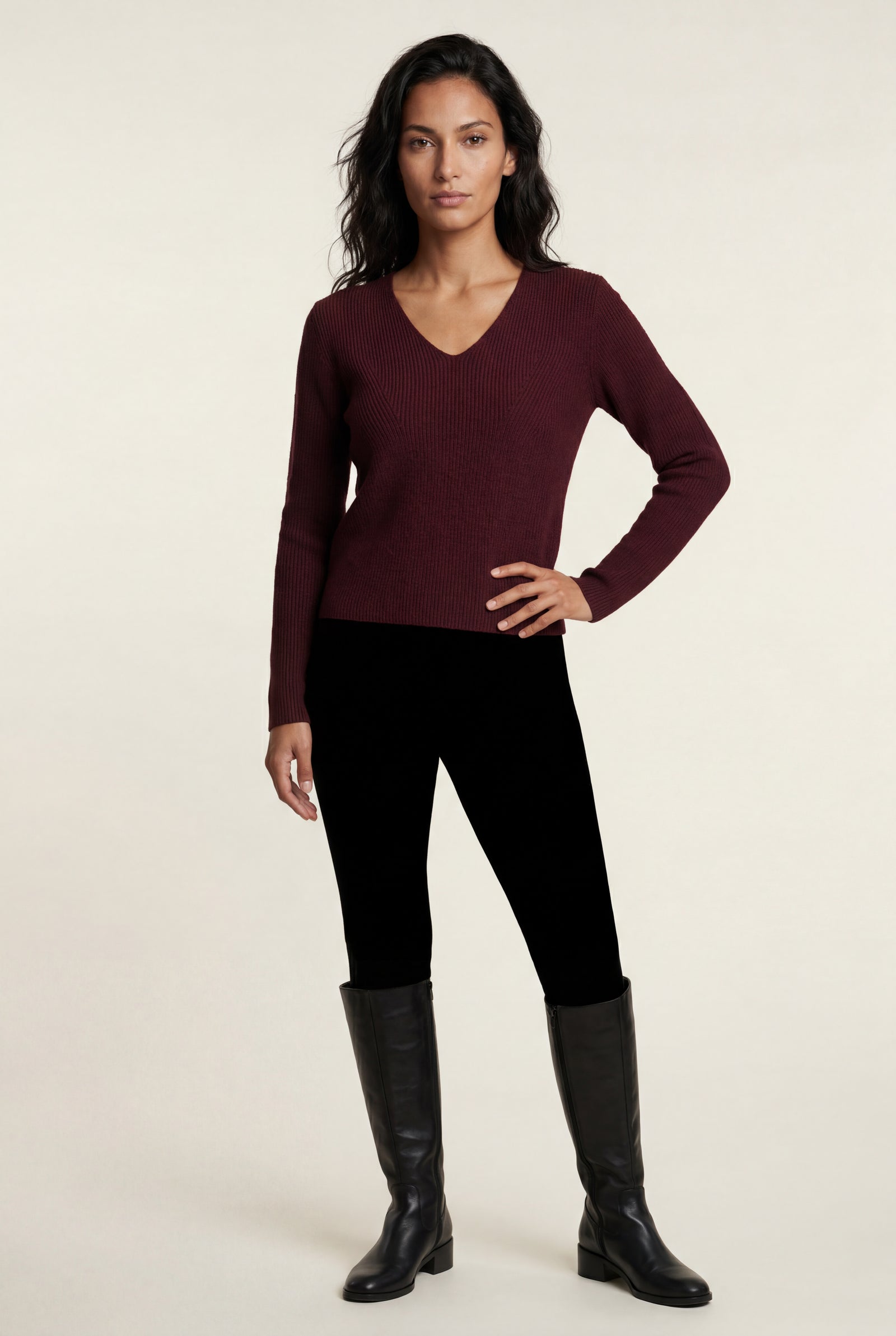 Burgundy Ribbed V-neck Long Sleeve Pullover Sweater - V-neck sweater - Photo 12