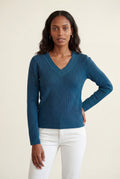 Navy Blue Ribbed V-neck Long Sleeve Pullover Sweater - V-neck sweater - Photo 14