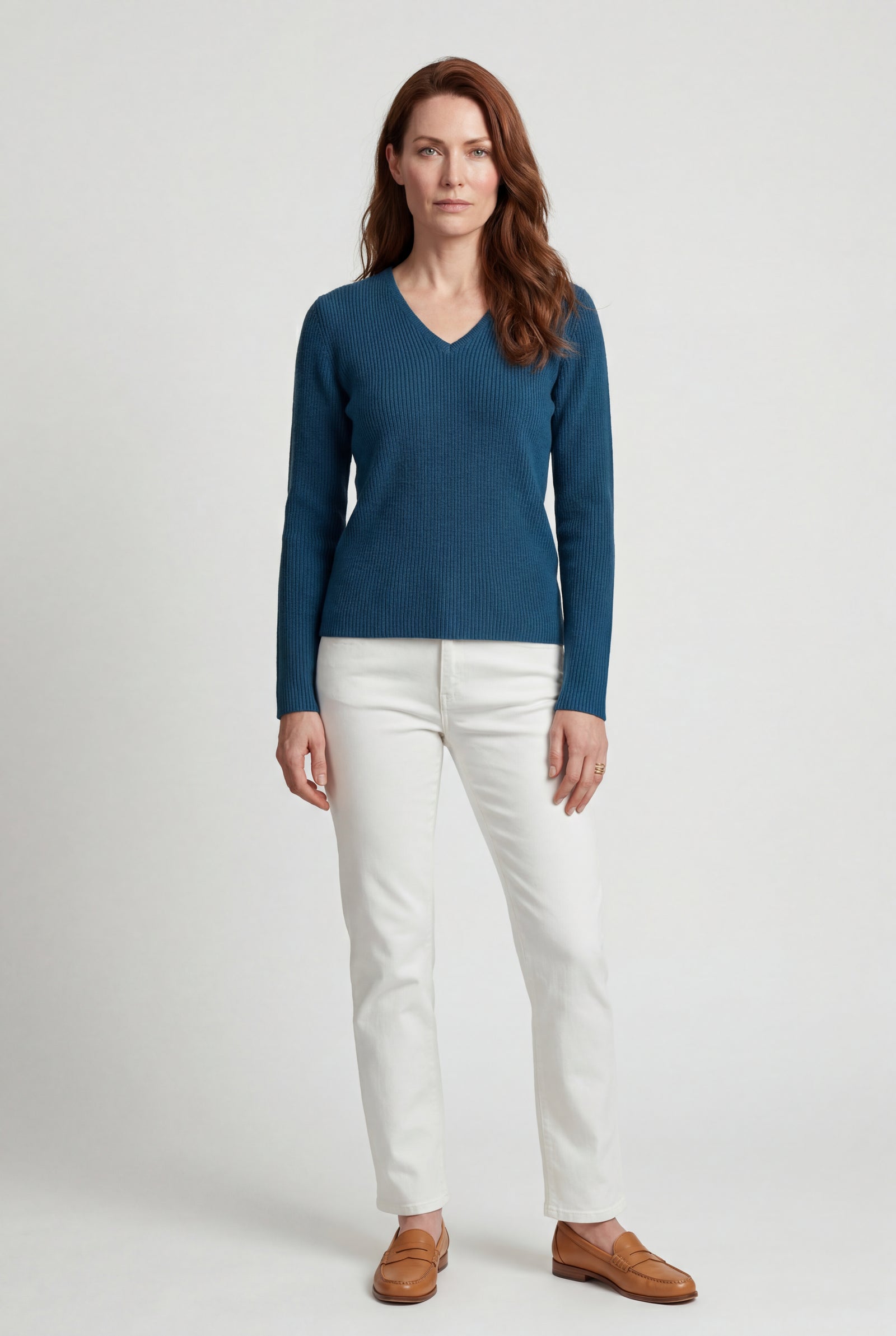 Navy Blue Ribbed V-neck Long Sleeve Pullover Sweater - V-neck sweater - Photo 15