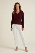 Burgundy Ribbed V-neck Long Sleeve Pullover Sweater - V-neck sweater - Photo 16