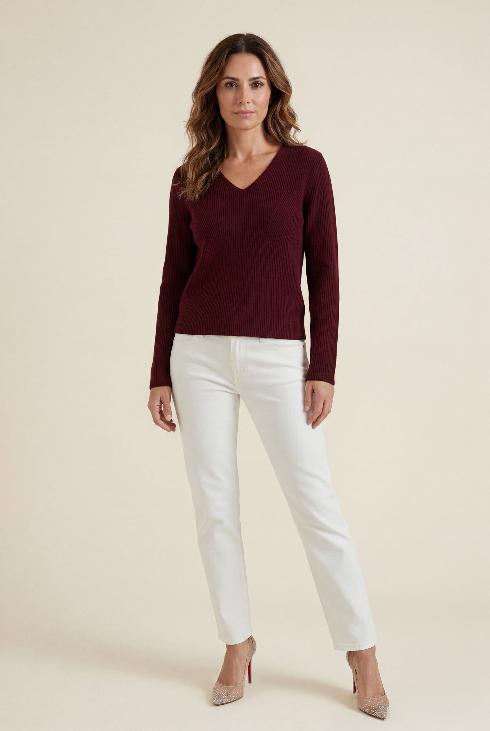 Burgundy Ribbed V-neck Long Sleeve Pullover Sweater - V-neck sweater - Photo 16