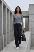 Gray Ribbed V-neck Long Sleeve Pullover Sweater - V-neck sweater - Photo 21