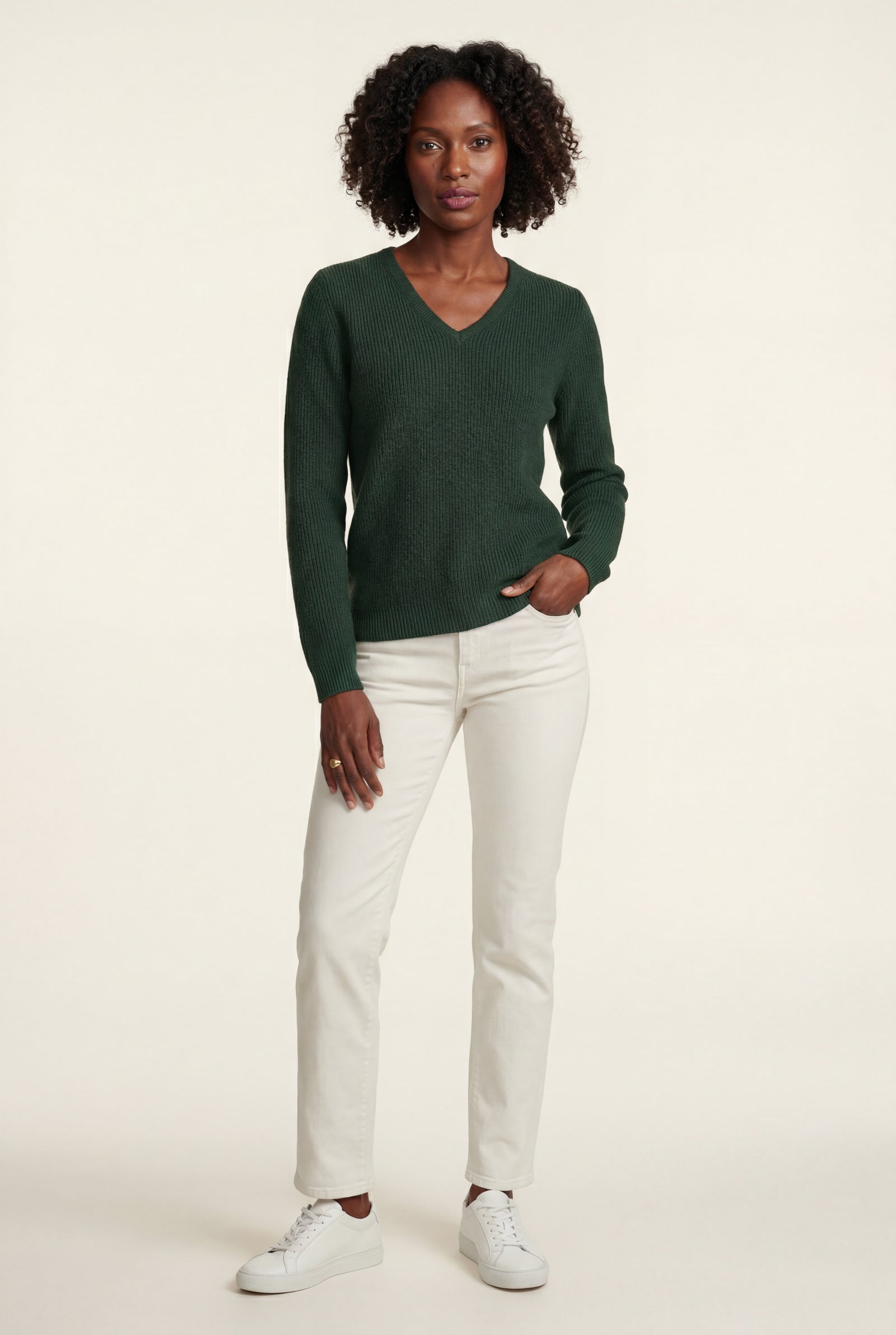 Dark Green Ribbed V-neck Long Sleeve Pullover Sweater - V-neck sweater - Photo 3