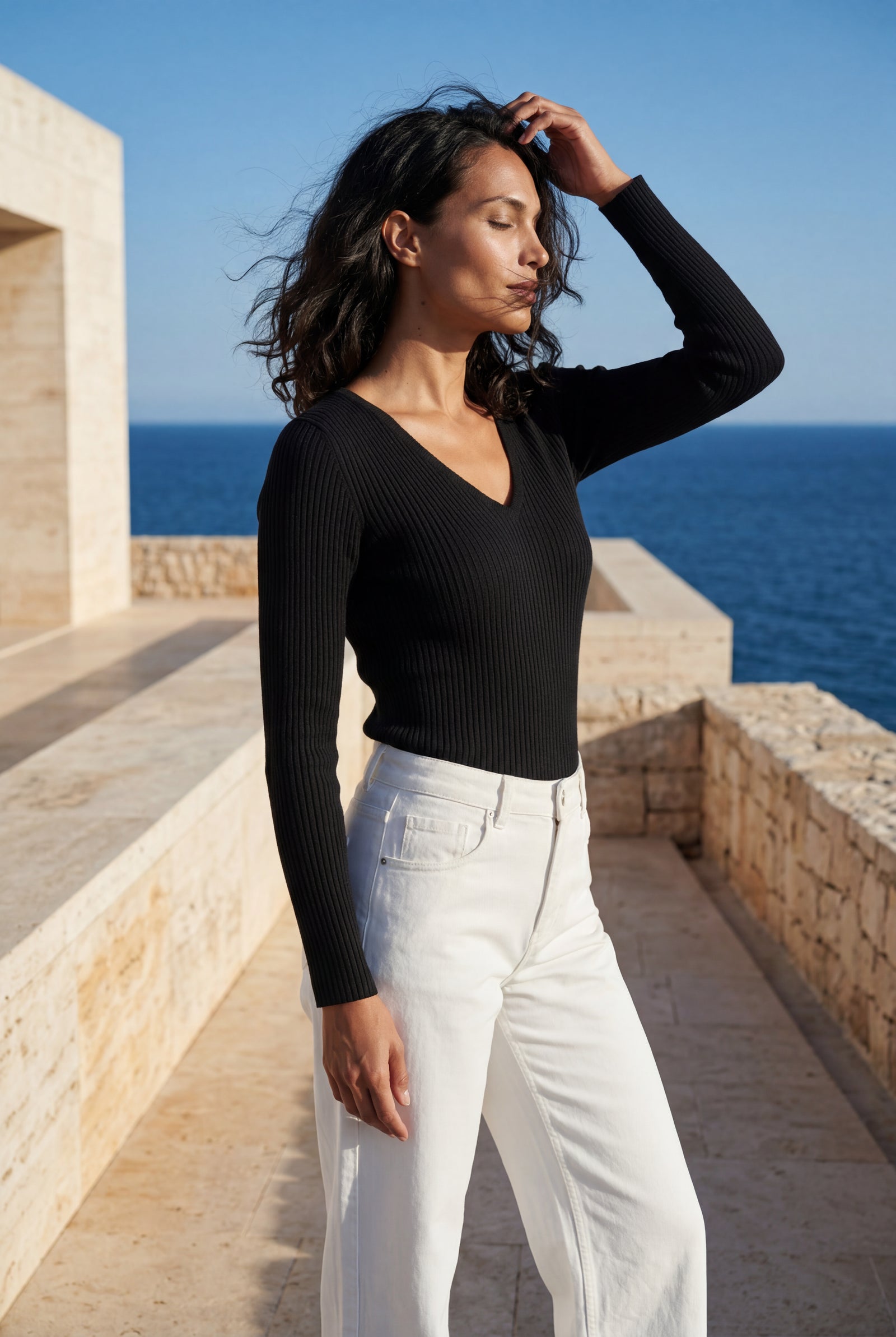 Black Ribbed V-neck Long Sleeve Pullover Sweater - V-neck sweater - Photo 30