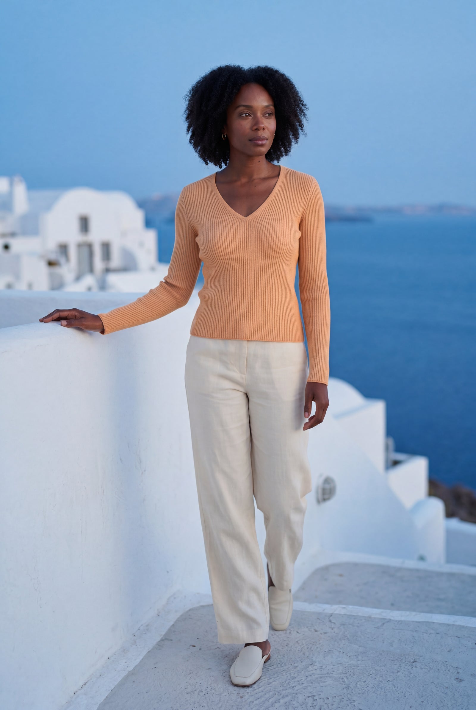 Apricot Ribbed V-neck Long Sleeve Pullover Sweater - V-neck sweater - Photo 31