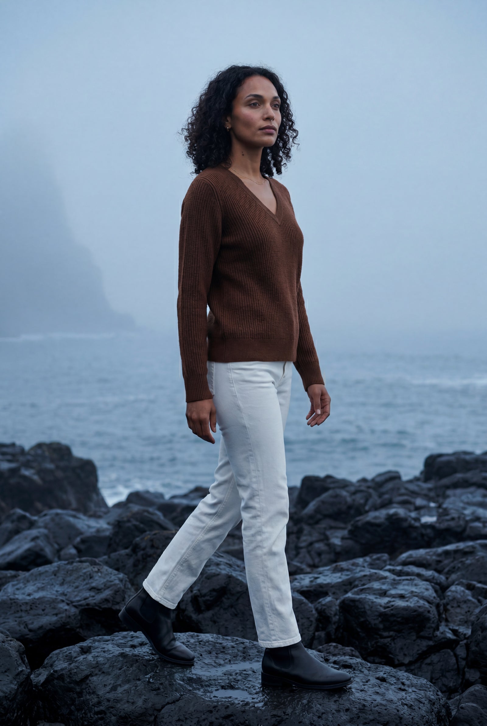 Brown Ribbed V-neck Long Sleeve Pullover Sweater - V-neck sweater - Photo 34