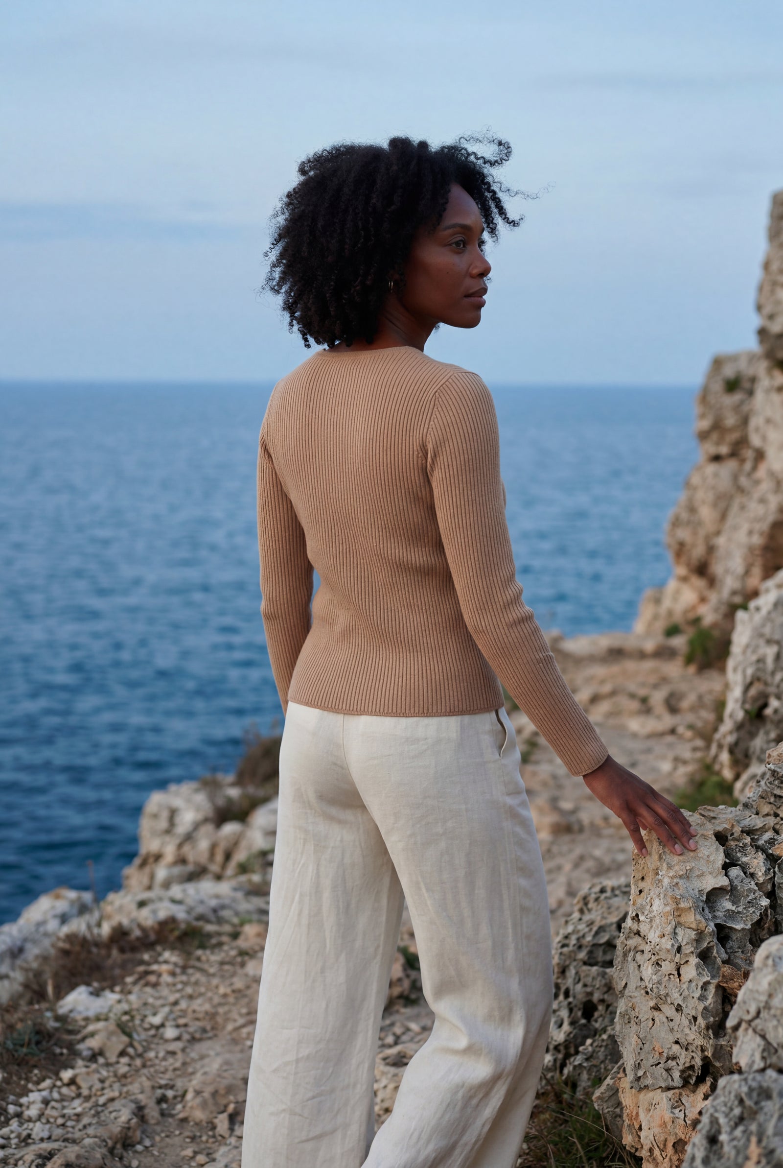 Apricot Ribbed V-neck Long Sleeve Pullover Sweater - V-neck sweater - Photo 35