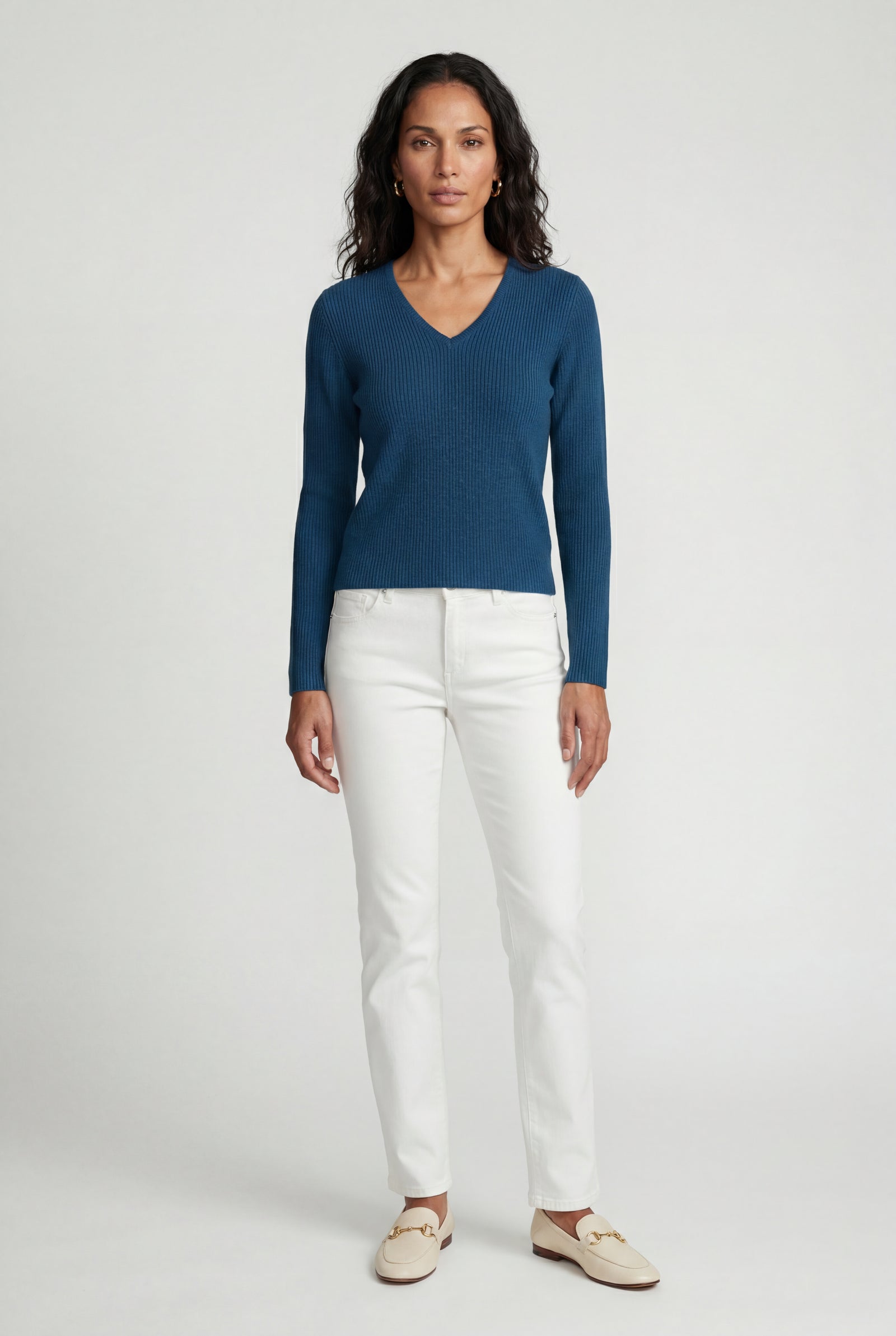 Navy Blue Ribbed V-neck Long Sleeve Pullover Sweater - V-neck sweater - Photo 36