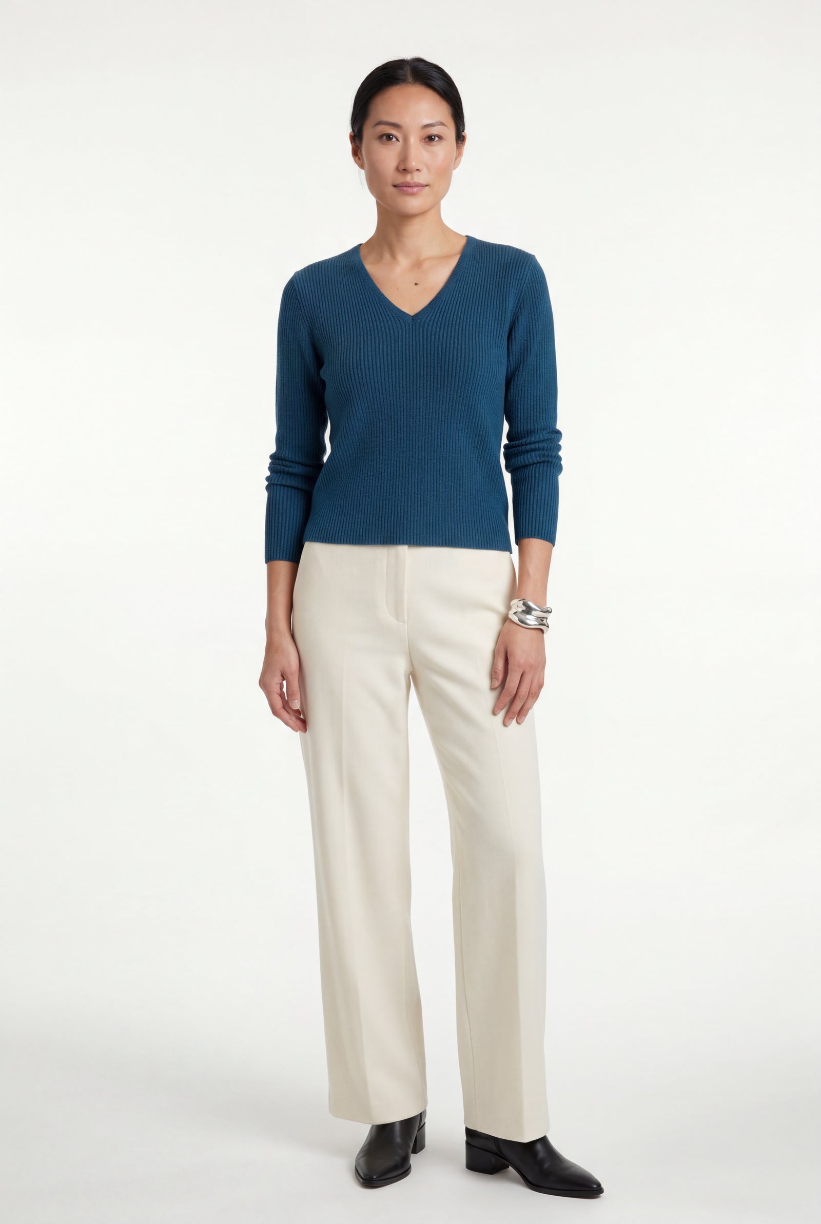 Navy Blue Ribbed V-neck Long Sleeve Pullover Sweater - V-neck sweater - Photo 4