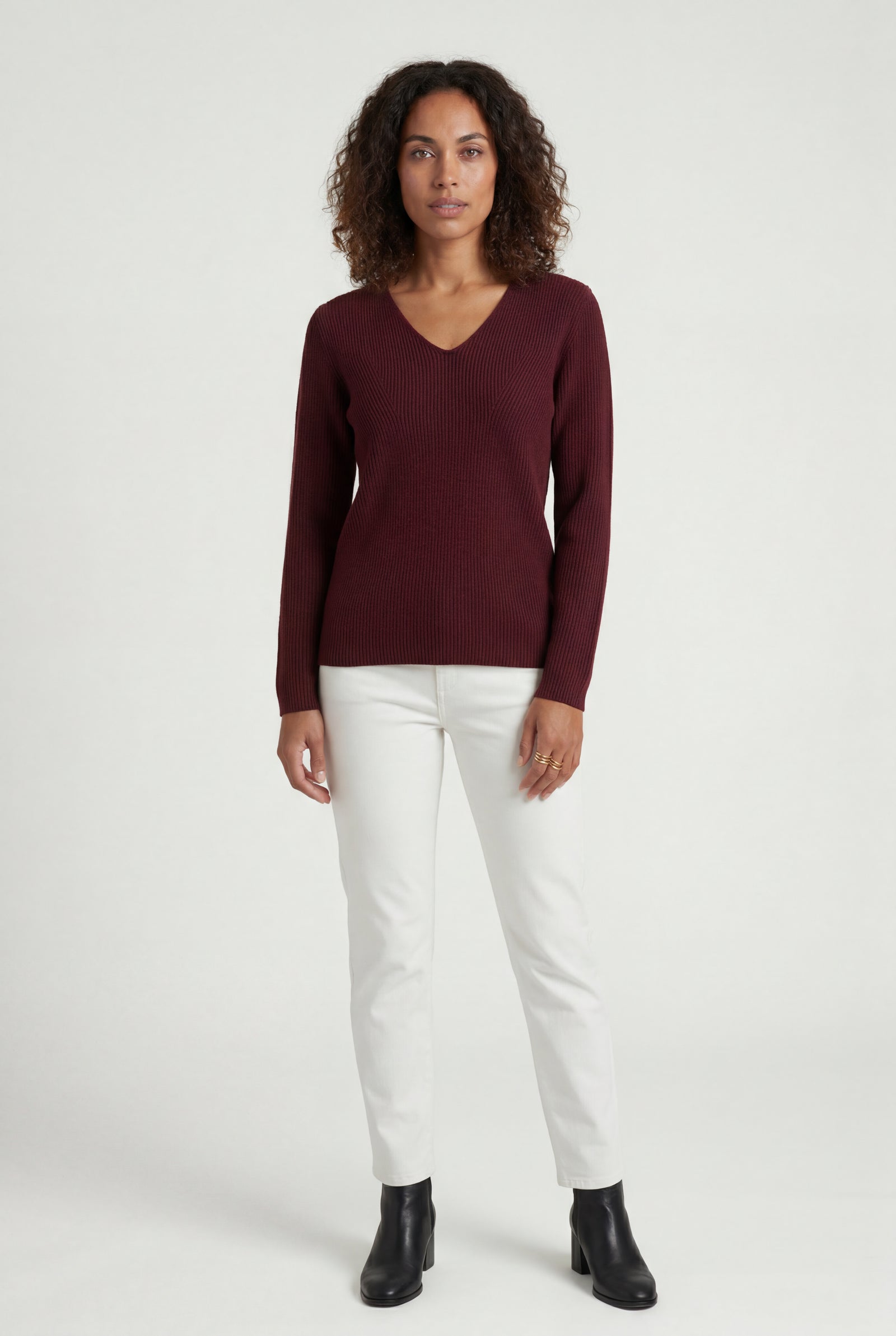 Burgundy Ribbed V-neck Long Sleeve Pullover Sweater - V-neck sweater - Photo 45