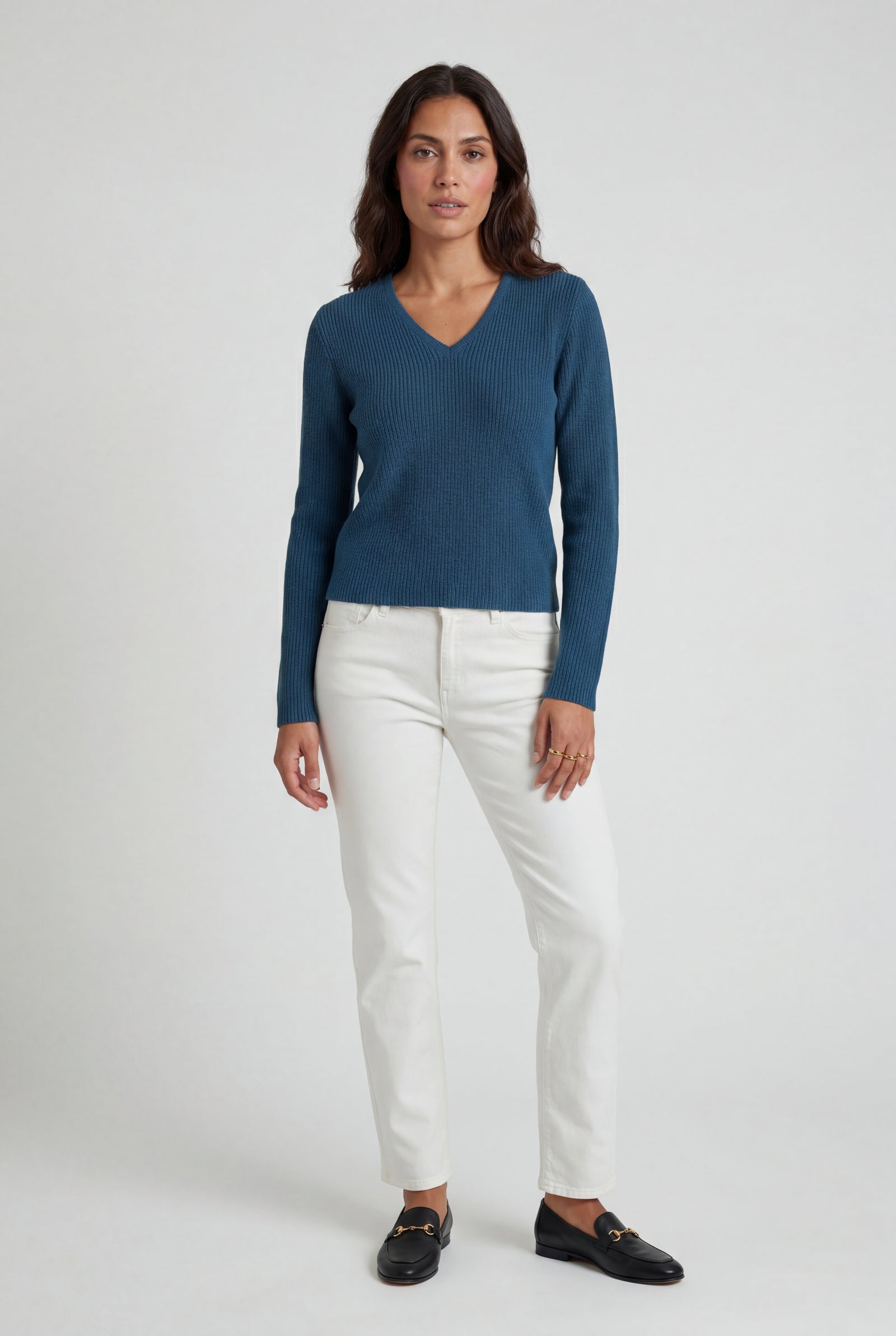 Navy Blue Ribbed V-neck Long Sleeve Pullover Sweater - V-neck sweater - Photo 47