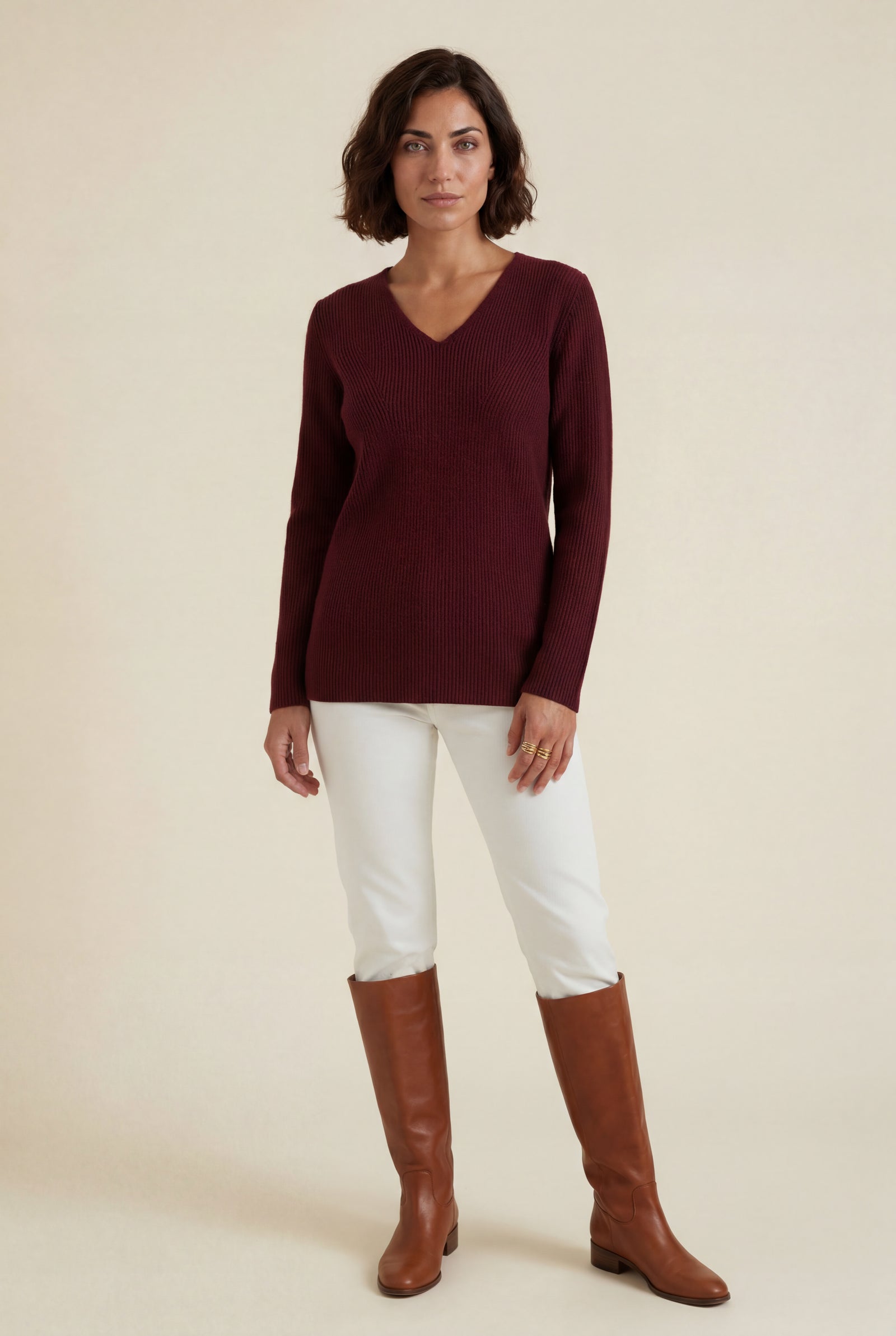 Burgundy Ribbed V-neck Long Sleeve Pullover Sweater - V-neck sweater - Photo 49