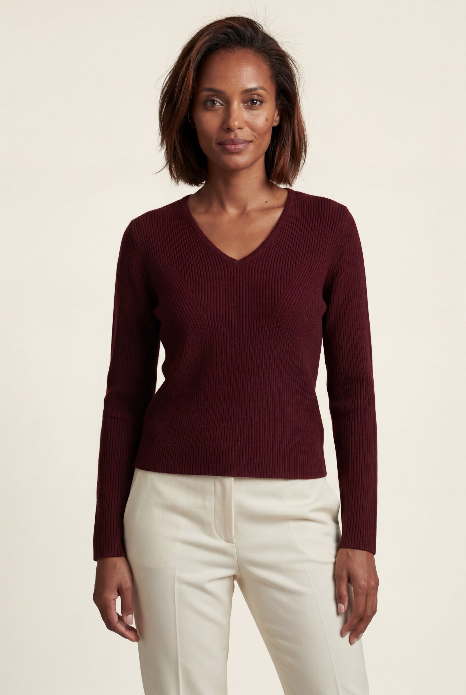 Burgundy Ribbed V-neck Long Sleeve Pullover Sweater - V-neck sweater - Photo 5