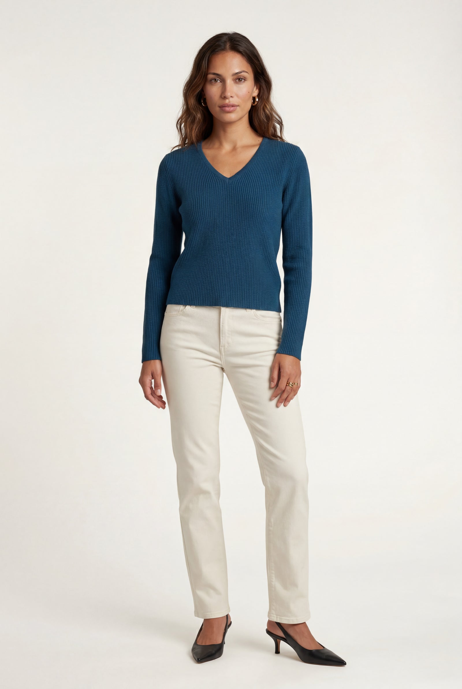 Navy Blue Ribbed V-neck Long Sleeve Pullover Sweater - V-neck sweater - Photo 50