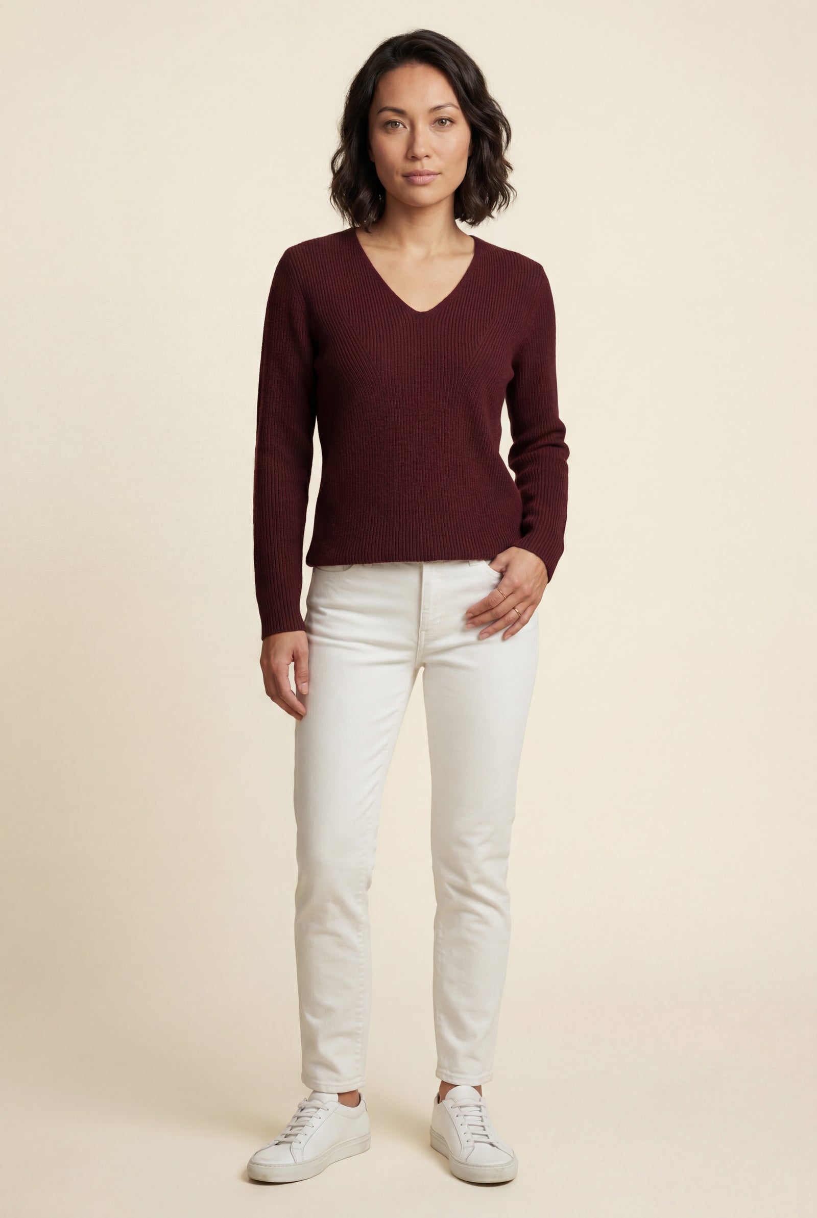 Ribbed V-Neck Sweater - Burgundy - Photo 1