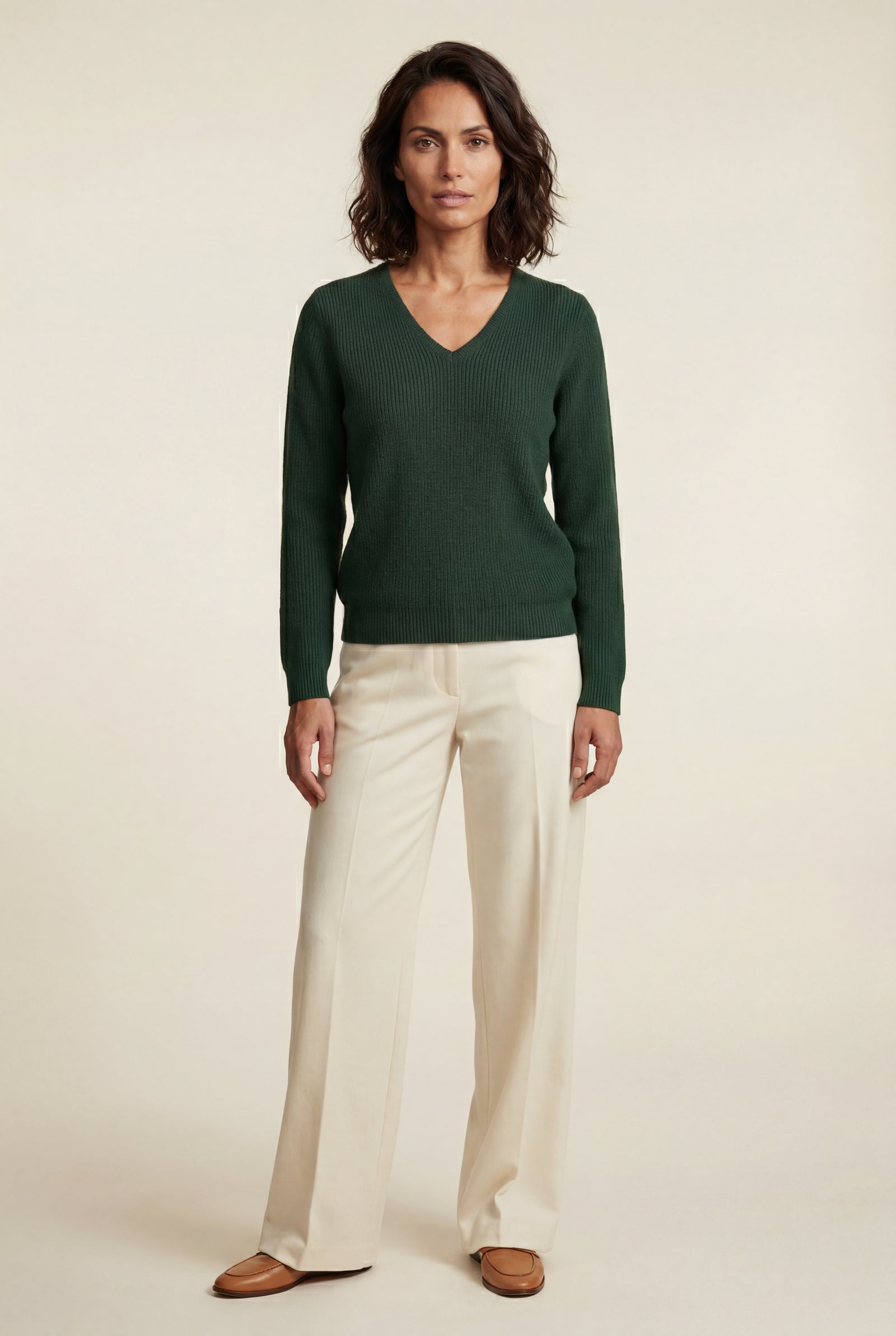 Ribbed V-Neck Sweater - Dark Green - Photo 1