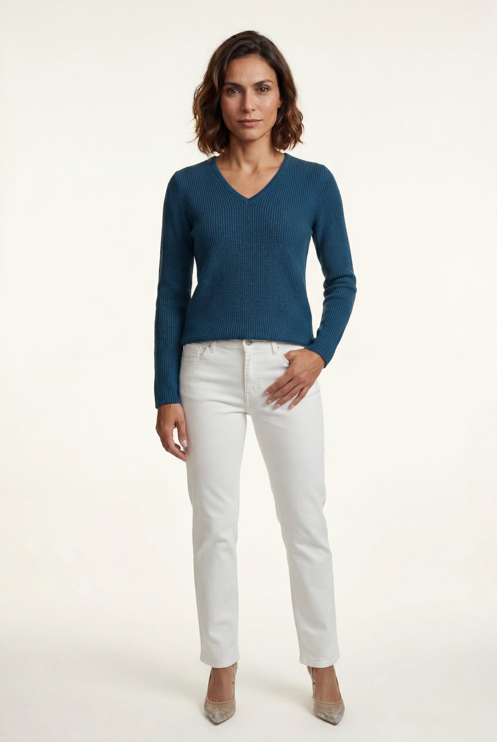 Ribbed V-Neck Sweater - Navy Blue - Photo 1