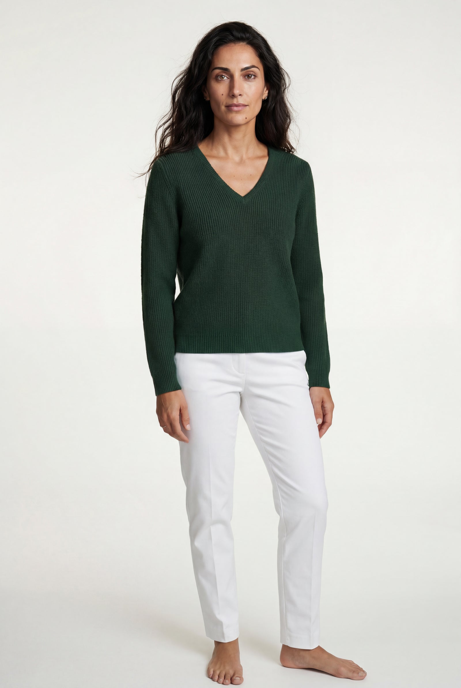 Dark Green Ribbed V-neck Long Sleeve Pullover Sweater - V-neck sweater - Photo 6