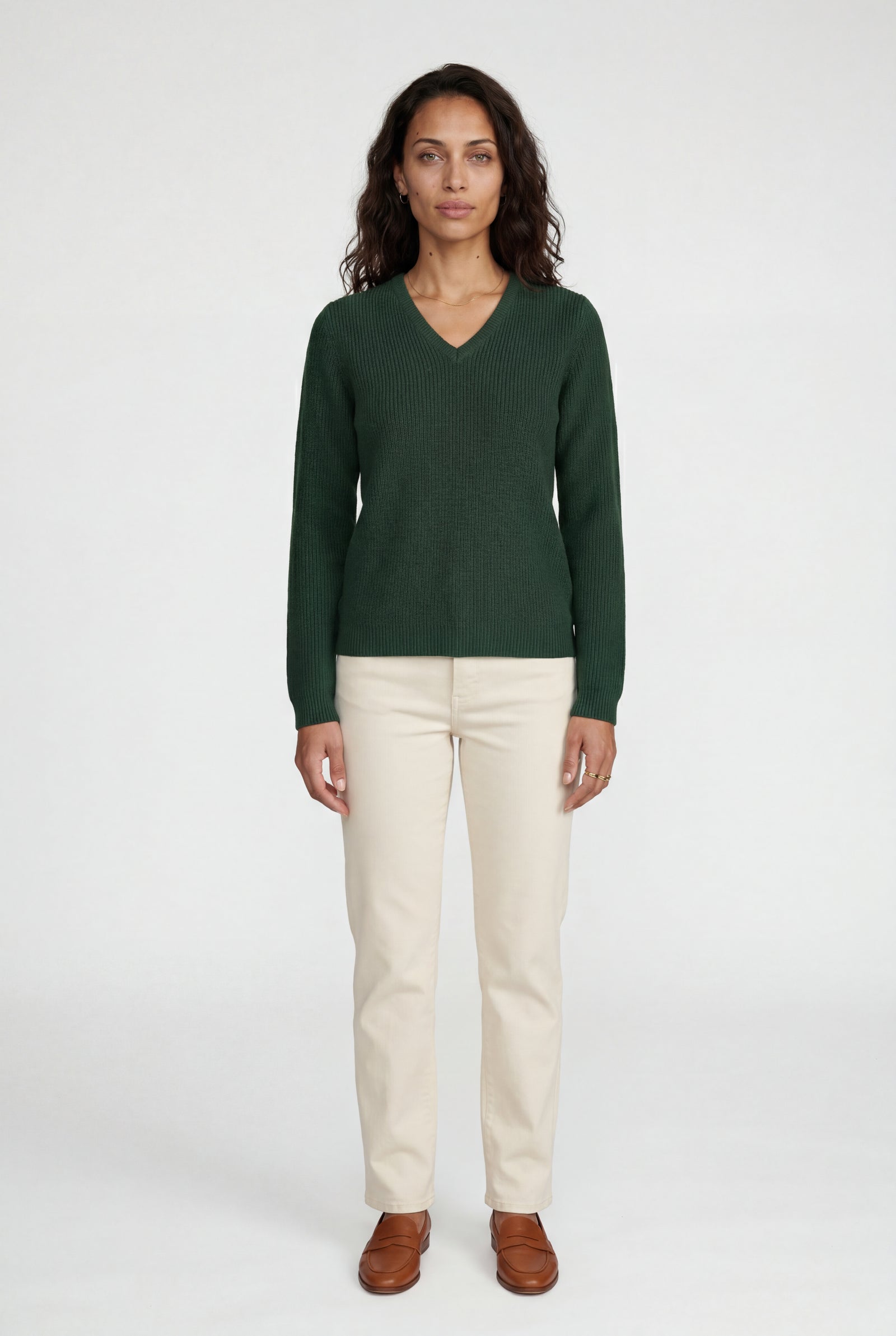 Dark Green Ribbed V-neck Long Sleeve Pullover Sweater - V-neck sweater - Photo 8