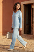 Light Blue Ribbed Wide-leg Two-piece Loungewear Set - Two-piece set - Photo 12