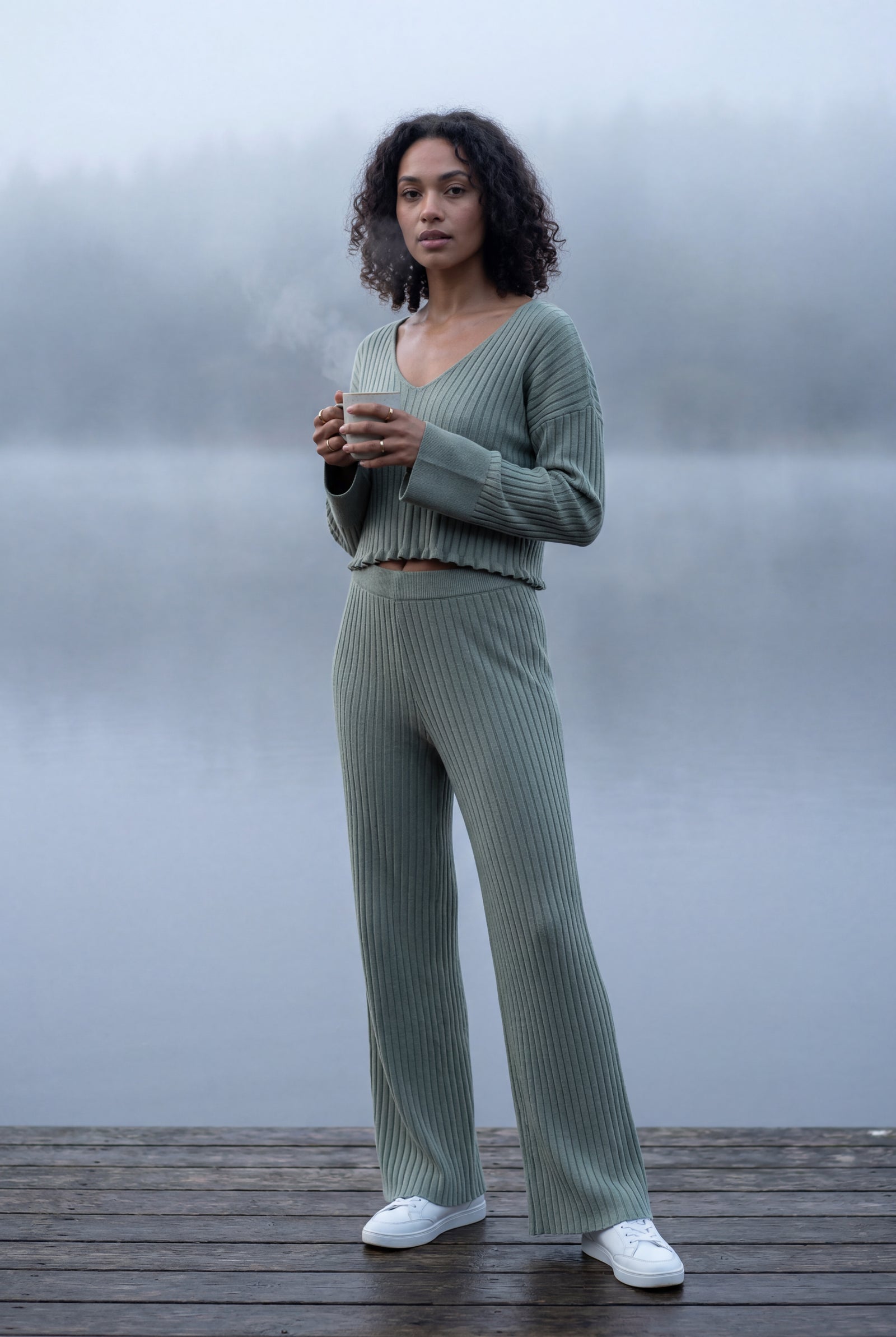 Dark Green Ribbed Wide-leg Two-piece Loungewear Set - Two-piece set - Photo 13