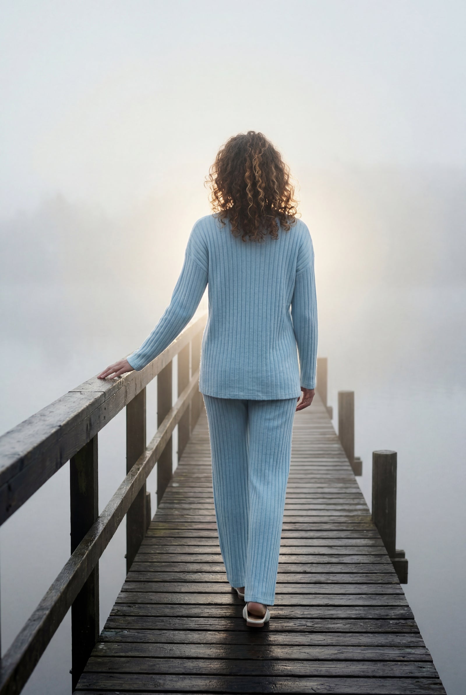 Light Blue Ribbed Wide-leg Two-piece Loungewear Set - Two-piece set - Photo 15